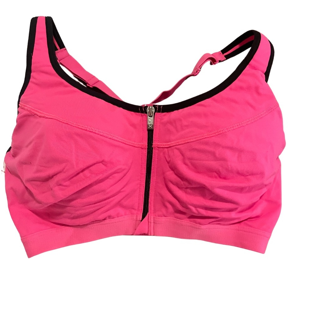 VSX Sport pink zip-up sports bra with black trim